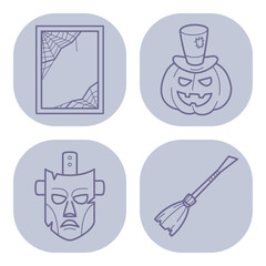 Set of Halloween icons featuring spooky mirror, carved pumpkin in whimsical top hat, mask and mystical broom. Perfect for enhancing spirit of Halloween party
