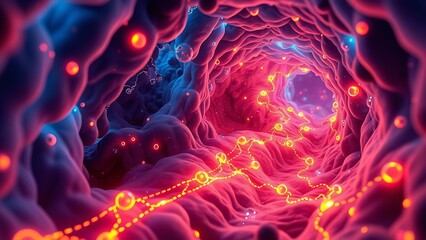 Fototapeta premium An abstract microscopic view inside a cell with glowing pathways and new traffic patterns of luminous proteins.