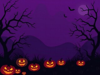 Fototapeta premium Spooky halloween night with carved pumpkins and bare trees under a full moon