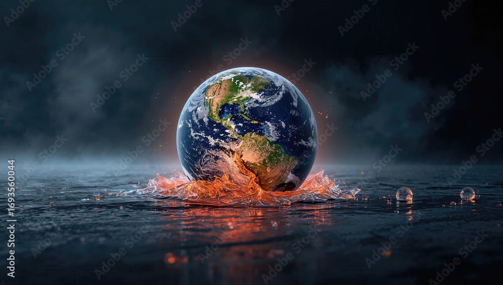 Poster digital representation of earth surrounded by glowing particles and splashes of light effect, creati