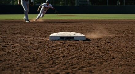 Baseball base on dirt infield with players running in background
