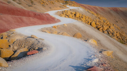 Winding White Road Through Painted Hills A Desert Landscape of Earthy Beauty and Colorful Rock Formations, a Serene Journey
