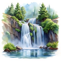 Naklejka premium Watercolor Waterfall Nature Artwork on White Background