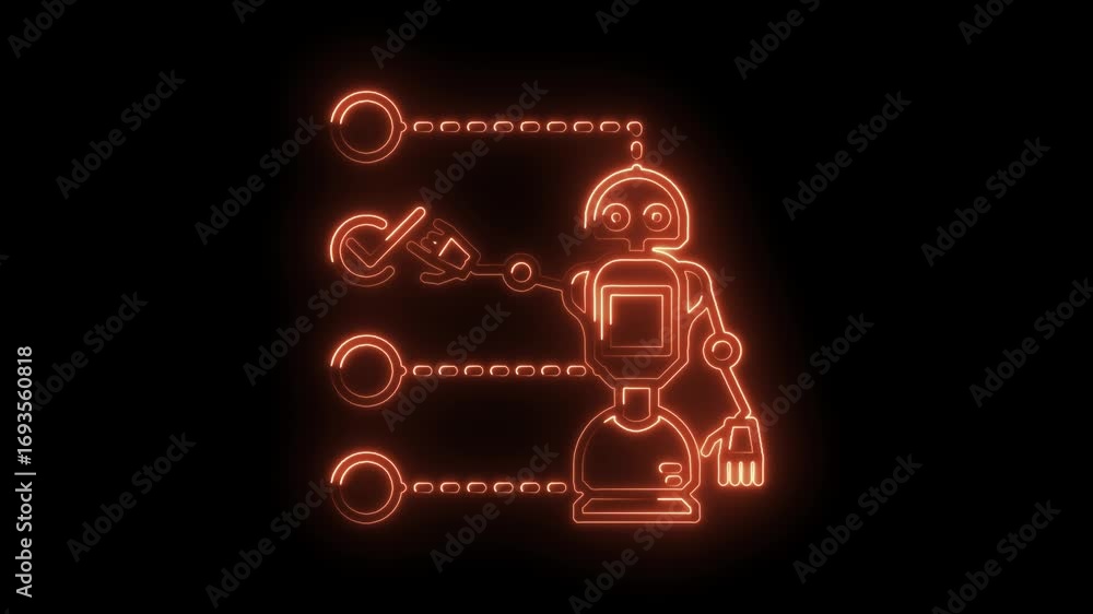 Poster artificial intelligence and task management glowing robot shows checkmarks in neon animation