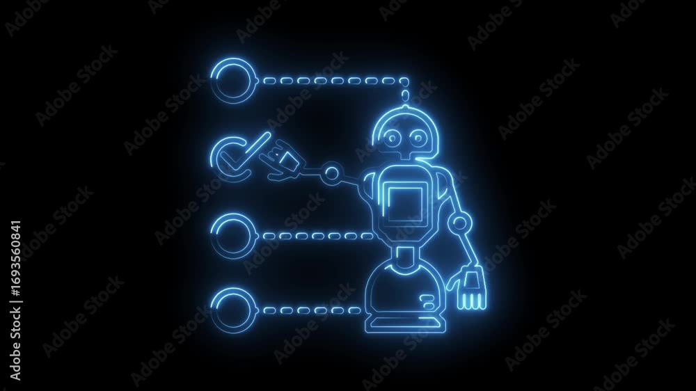 Poster glowing blue robot automation process with task checklist on a black background