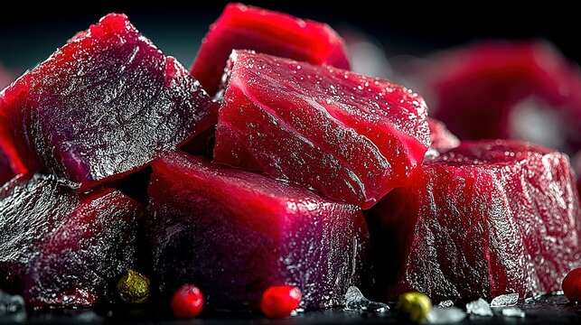 Pile of diced red beets with small colorful sprinkles on dark background. - Powered by Adobe
