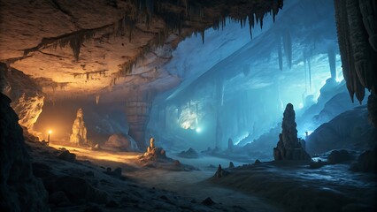 Ethereal ice cave with glowing stalactites and stalagmites