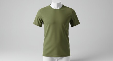 Olive green tshirt on a white mannequin against a gray background