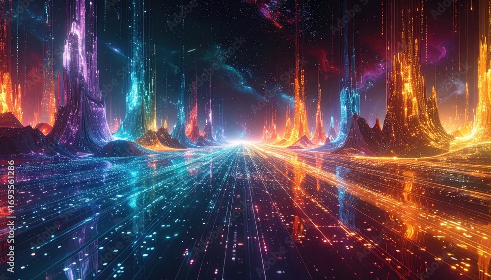 Poster a vibrant, futuristic landscape unfolds with towering structures, illuminated by glowing, colorful l