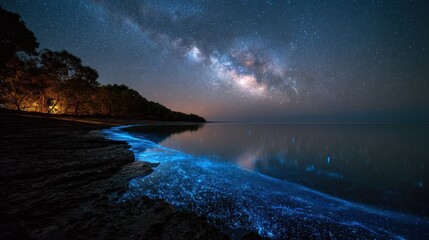 Bioluminescent blue plankton illuminates dark beach under a stunning Milky Way night sky with coastal trees.