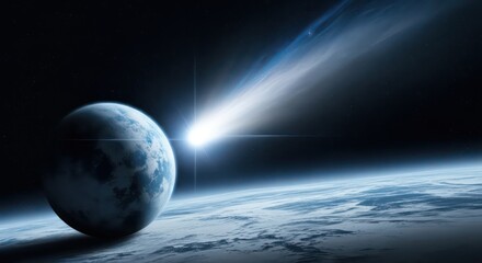 Luminous Comet Streaks Past a Blue Planet and its Moon in Deep Space