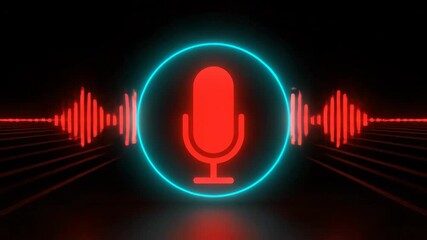 A glowing red microphone icon encircled by a bright cyan neon ring, flanked by red audio waveforms on a dark background.