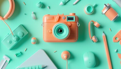Obraz premium Pastel Desk Camera, Supplies, Flatlay, Mint Background, Creative Workspace