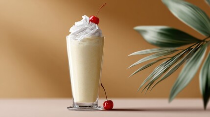 Tall glass of creamy banana milkshake topped with whipped cream and a cherry, served on a white surface with green tropical leaves in the background