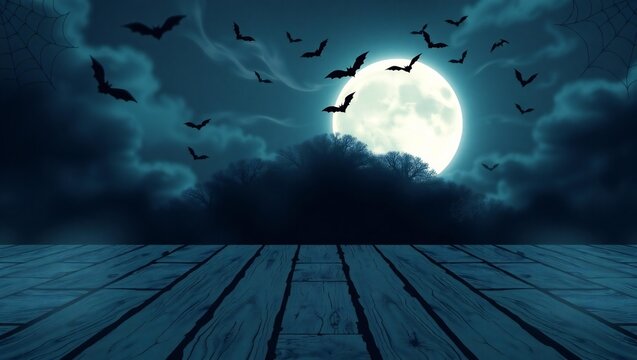 Spooky full moon night sky with bats flying over wooden planks