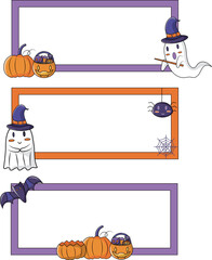 Halloween holiday cute frame graphic element set with pumpkin, lantern, witch, cat and ghost. Childish print for stickers, greeting card and decoration.