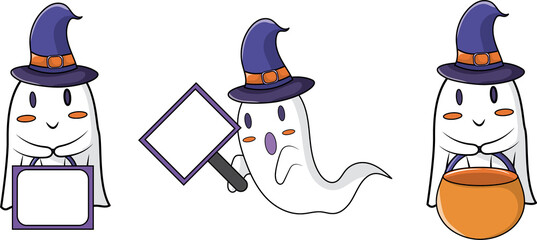 Cartoon Ghost Wearing Witch Hat Holding Sign Element Set
