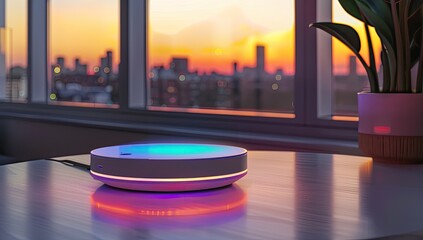 Smart device sunset city apartment table