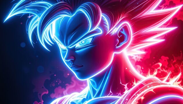 A striking close-up portrayal of a powerful figure, bathed in vibrant neon blue and red hues, showcasing intense energy and a determined expression.