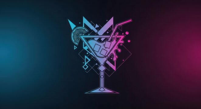 Luminous Geometric Cocktail with a Dynamic Splash on a Blue and Pink Neon Gradient.