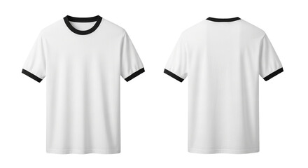 White ringer t-shirt, front and back views, plain design, short sleeves.