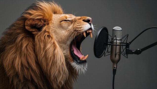A roaring lion vocalizing into a professional microphone, showcasing its powerful presence and wild beauty