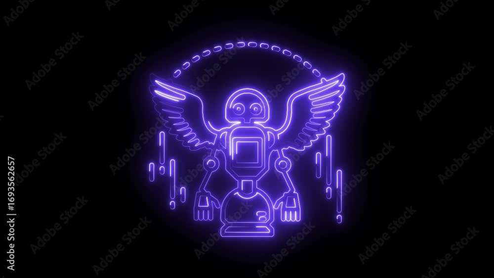 Poster neon futuristic robot with wings on black background cyberpunk technology animation loop