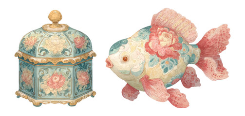 Ornate Decorative Box and Colorful Fish Illustration with Floral Patterns