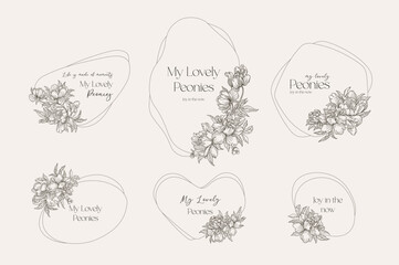 Elegant black and white peony illustrations. Minimalistic flower frames. Vintage floral design perfect for greeting cards, wedding invitations, branding and home decor.