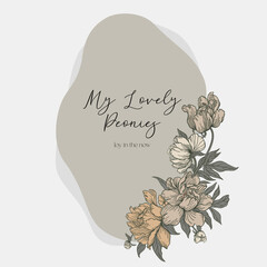 Oval frame with peonies. Dusty earthy natural colors.
