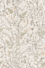 Elegant botanical seamless pattern with delicate wildflowers and herbs in warm earth tones.