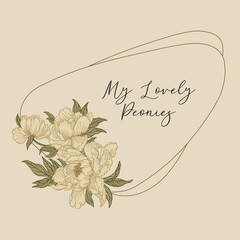 Frame with a composition of peonies. Natural beige colors.
