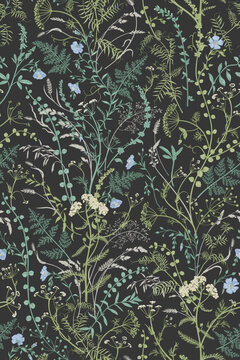 Elegant botanical seamless pattern with intricate wildflowers and greenery on a dark background. Delicate blue blooms and textured foliage create a vintage-inspired, nature-rich design.