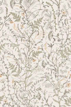 Elegant botanical seamless pattern with delicate wildflowers and herbs in warm earth tones.