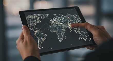 Person Holding Tablet Displaying World Map with Bright Dots