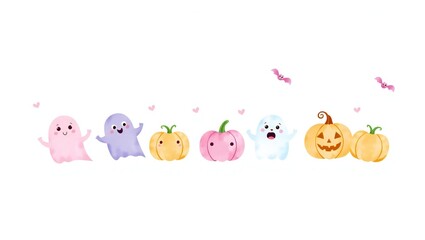 Fototapeta premium Cute watercolor ghosts and pumpkins with happy faces for halloween
