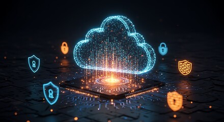 Digital cloud computing security concept with glowing shield icons and circuit board elements on a dark background