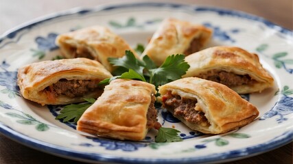 Close-Up of Hand-Painted Plate with Chilean Meat-Filled Pastries Adorned with Fresh Parsley, Traditional Culinary Art
