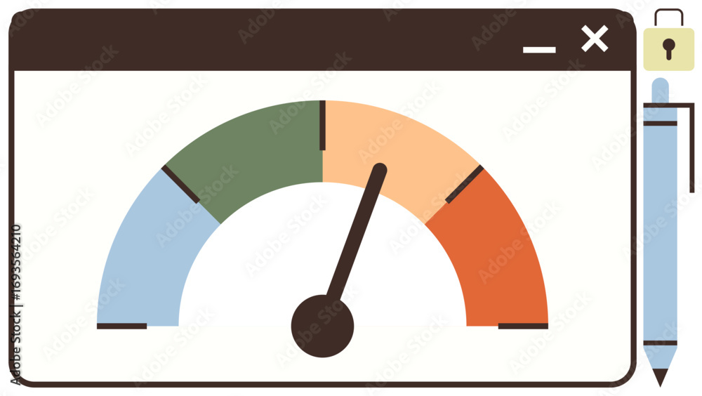 Poster gauge meter measuring progress or performance inside a browser window, lock icon highlighting securi