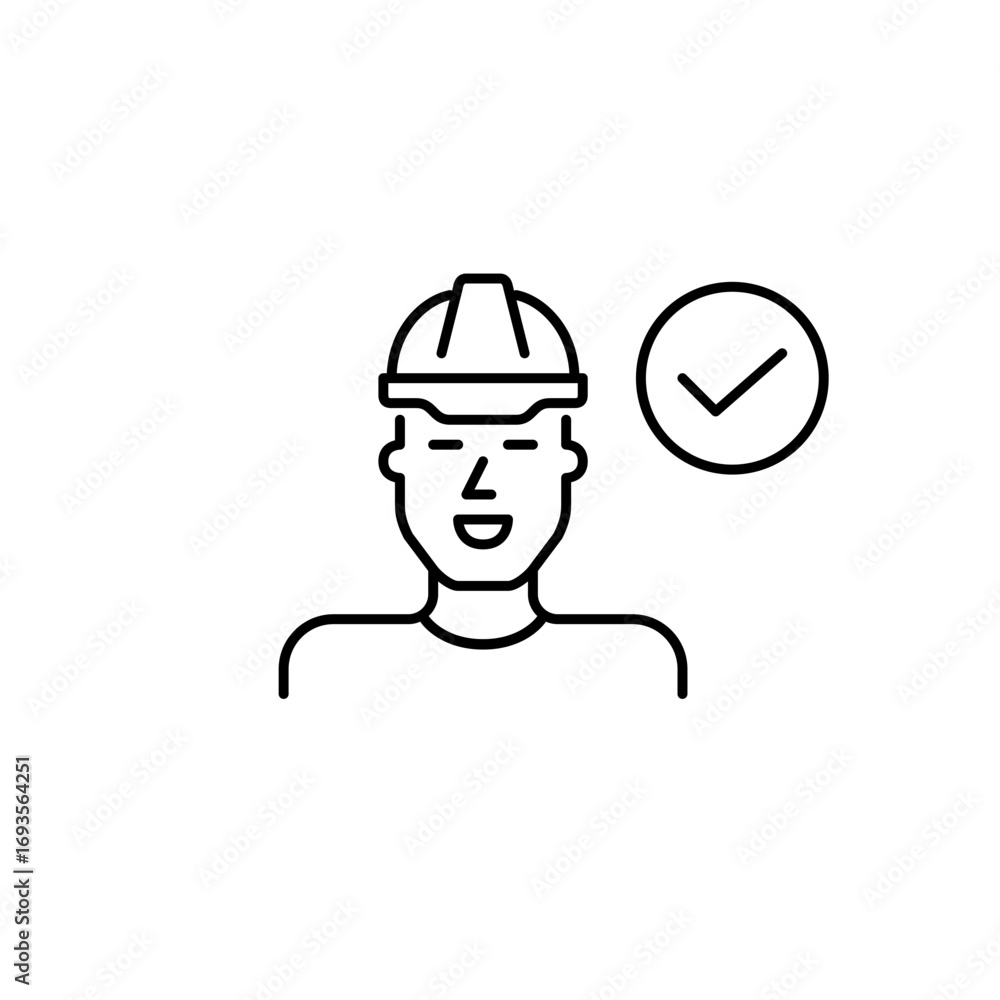 Poster man in hard hat and checkmark. task completed, work security standards. pixel perfect, editable stro