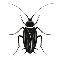 A black cockroach in a flat design, with its body and legs clearly outlined
