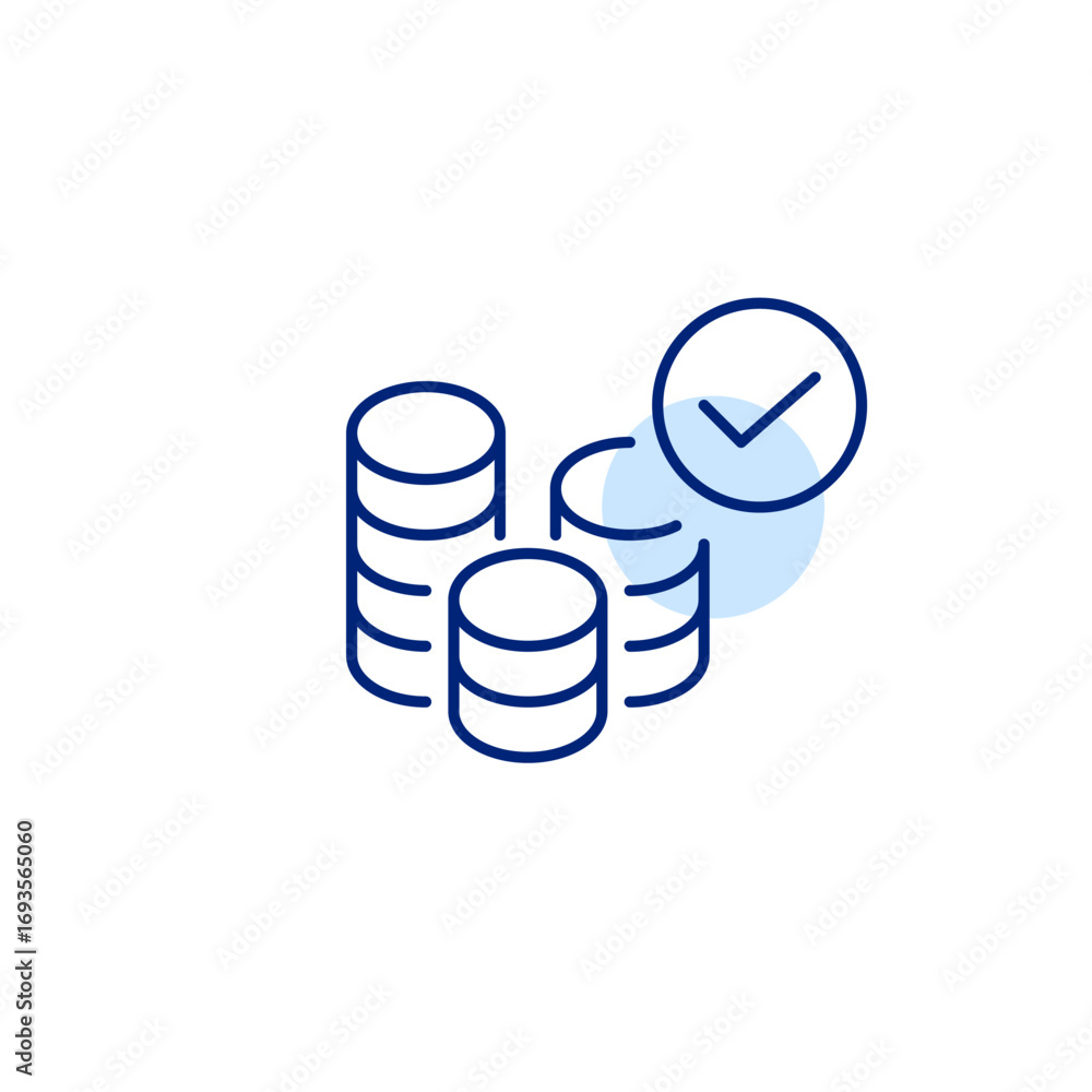 Poster stack of coins and checkmark. secure finances and investments. savings account protected. pixel perf