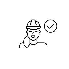 Woman in hard hat and checkmark. Task completed, work security standards. Pixel perfect, editable stroke vector icon