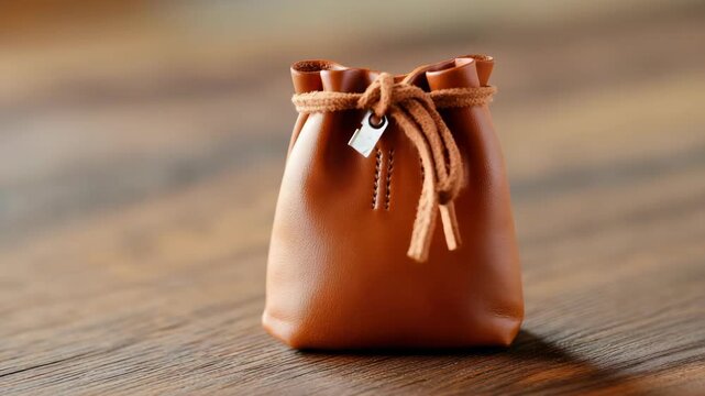 Small brown leather pouch with drawstring closure on wooden surface