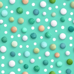 Colorful Balls and White Dots on Aqua Background Seamless Pattern