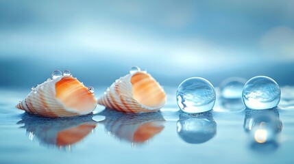 Two Seashells and Water Droplets Reflected on a Serene Wet Surface