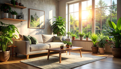 Fototapeta premium Natural living room with plants and sunlight