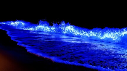 Bioluminescent Waves Crashing on the Shoreline at Night