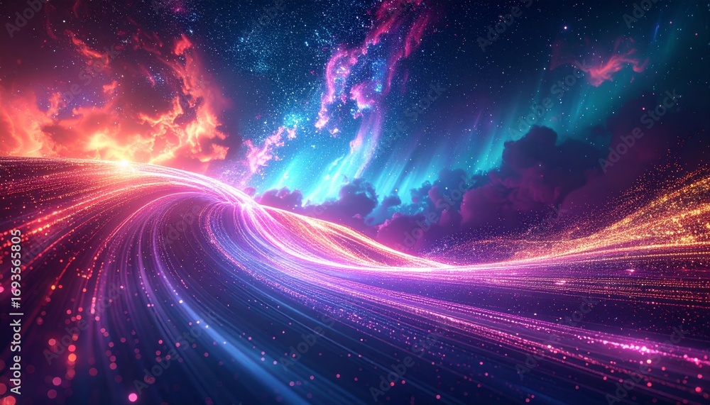 Poster abstract light trails of fast-moving cars blur across a busy night highway, creating a colorful and 