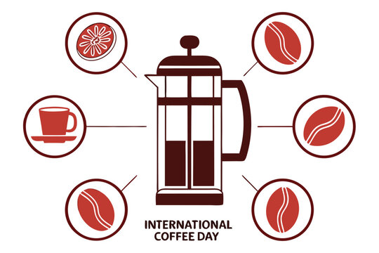 International Coffee Day illustration with French press and coffee elements